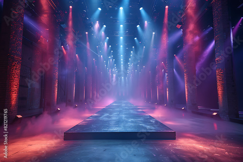 A sleek and expansive fashion catwalk, adorned with vibrant lighting