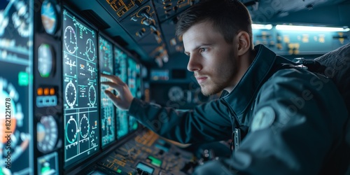 An individual in a navy uniform interacts with a complex submarine control panel featuring various gauges and screens