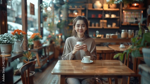 A woman sitting and drinking coffee in a coffee shop. sits at a small table, with a warm, inviting ambiance around her. The background of a cozy coffee shop. Generative AI.