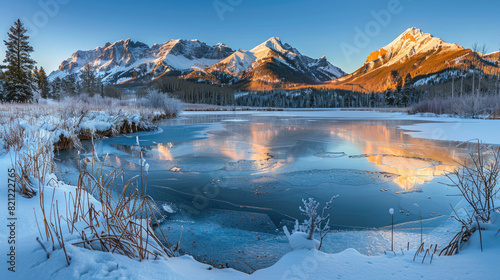 A tranquil winter scene featuring a partially frozen pond, golden sunlit snow-capped mountains, and a clear blue sky at dawn.