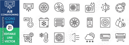 A set of line icons related to air conditioning. Air cooler, fan, booster and so on. Vector outline icons set.