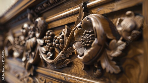 Detailed close up of an ornate wooden chest of drawers with intricate carvings and multiple drawers.