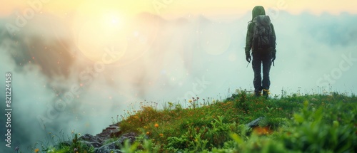 Hiker standing on a mountain peak at sunrise, surrounded by fog and lush green landscape, contemplating the beautiful scenery.