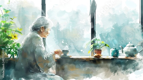 Elderly woman with age spots enjoying morning coffee by the window