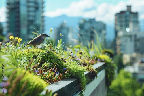 Small bird on the green roof of the building