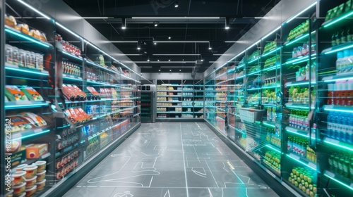 Personalized shopping using AI in a futuristic supermarket, tailored discounts displayed on smart shelves, clean and modern design --ar 16:9 --style raw Job ID: 1afcc7d5-1067-497a-b482-3c3ef9b20745