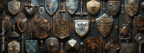 An intricate array of medieval-inspired shields and weaponry with ornate designs, displayed on a wall forming a symmetrical pattern.
