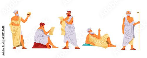 Ancient philosopher. Roman or greek philosophers cartoon character, old man in toga thinking metaphysics, socrates plato aristotle pythagoras