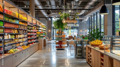 Sustainable supermarket sourcing local and environmentally conscious products, sleek and modern design, vibrant and eco-friendly atmosphere --ar 16:9 -