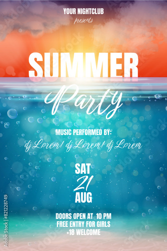 Realistic underwater poster. Pool summer beach party invite flyer, sea lake nature under water horizon background, diving club banner ocean wave event, exact vector illustration