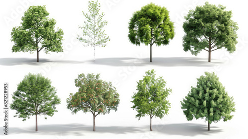 Assortment of eight isolated trees on white background, showcasing different species and shapes suitable for architectural renderings and design elements.