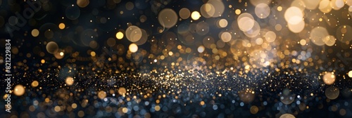 Festive abstract background with golden bokeh lights and glitter, dark backdrop with bright, sparkling elements, suitable for celebration and holiday themes, horizontal foto, blur. Celebration