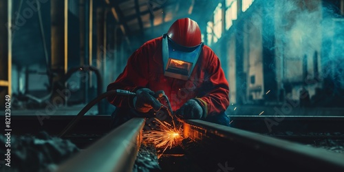 A welder in red protective gear meticulously works on metal, with sparks flying around in a dim workshop