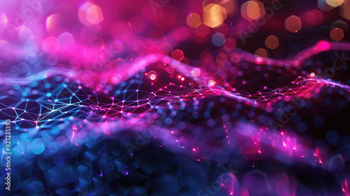 Closeup of A Colorful abstract bokeh background with hexagonal patterns and vibrant gradient mesh, resembling a futuristic digital landscape or data visualization.