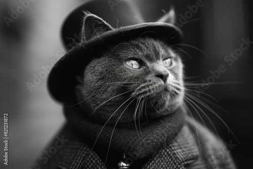 A British Shorthair cat in a traditional tweed suit and bowler hat, emphasizing its dignified and sturdy appearance,