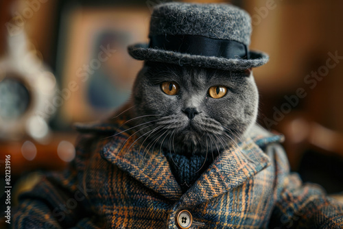 A British Shorthair cat in a traditional tweed suit and bowler hat, emphasizing its dignified and sturdy appearance,