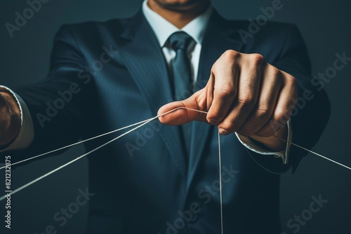 A businessman in a suit is holding a bunch of strings, controlling marionettes.