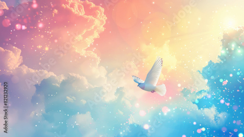 Colorful illustration of a whimsical sky with pastel clouds and scattered sparkles a small, serene, cartoon bird flies peacefully.