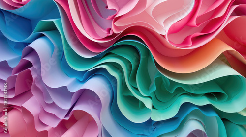 Colorful paper art installation featuring layered abstract shapes forming a vibrant, three-dimensional composition with pink, blue, and green hues.