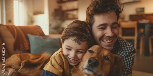 Happy father and young son enjoy a moment of bonding with their golden retriever dog at home