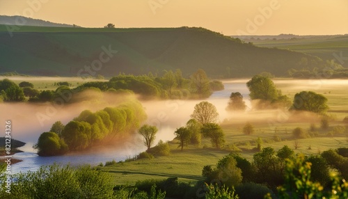 a magical fog in the rays of the morning light creeps in the river valley