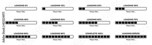 Loading please wait progress bar set with 0-100% in black color. Percentage loading bar infographic icon set 0-100% in black color. Set of percentage loading bar 10%, 20%, 70, 90%, 100% in black color