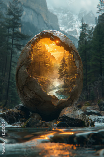 The cosmic egg breaking open, with rivers of light flowing out, creating a new world with mountains, forests, and seas,