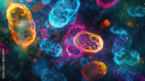 Digital illustration of a human cell division process known as mitosis, depicted in bright, vivid colors against a dark background.