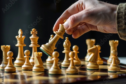 Chessboard with a hand firmly gripping a rook