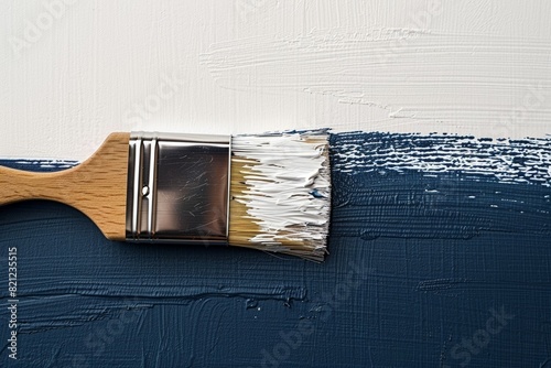 A paintbrush is dipped into blue and white paint, creating a line on a wall