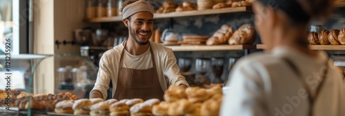 A welcoming male baker wearing an apron talks to a customer at a bakery filled with fresh bread
