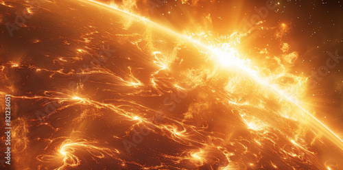 A solar flare erupting from the surface of the sun, showcasing bright, intense light and fiery plasma arcs. The background is the vast expanse of space, with stars visible. Generative AI.