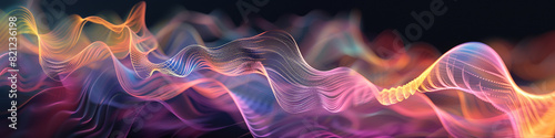 Produce an illustration showing sound waves moving and curving dynamically in a wave-inspired visual motif across a wide canvas.