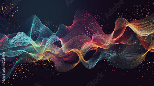 Produce an illustration showing sound waves moving and curving dynamically in a wave-inspired visual motif.