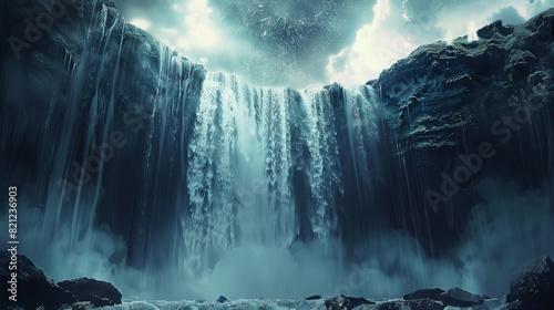 A waterfall flowing down from the sky, with clear lines of water and steaming steam below. Generative AI.