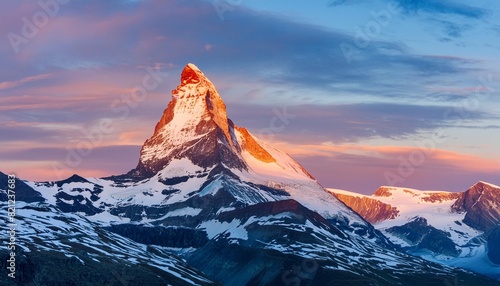 panoramic view to the majestic matterhorn mountain in the evening mood