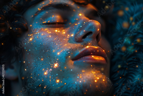 A god in a peaceful slumber, with constellations forming above them, each star representing a piece of the world they are dreaming into existence,