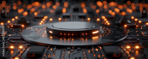 modernity and advancement in a 3D-rendered depiction of a silver circular podium set against a circuit board backdrop, with captivating bokeh lights enhancing the technology and science theme