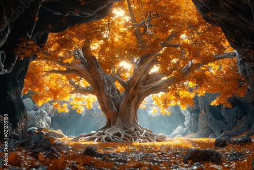 A World Tree with golden leaves that shimmer under a celestial sky, its roots winding through caves filled with ancient relics and treasures,