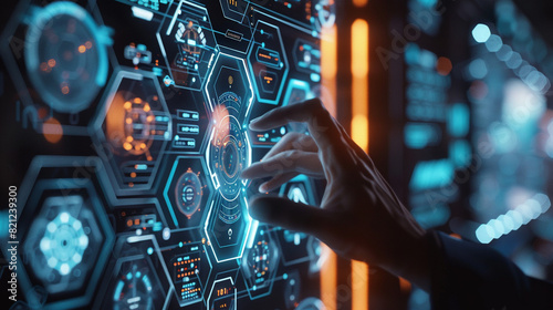 Render a captivating HUD concept featuring interactive hexagonal graphics, showcasing the potential of immersive digital experiences.
