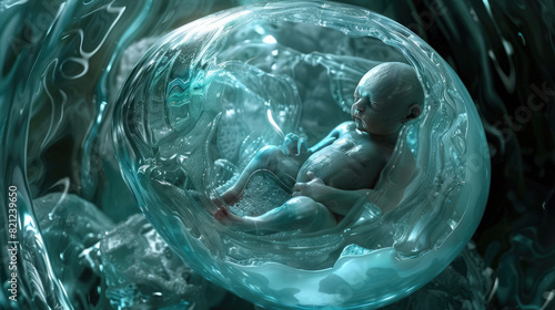 Futuristic depiction of a human fetus inside a translucent bubble, possibly an artificial womb, immersed in a fluid-filled environment