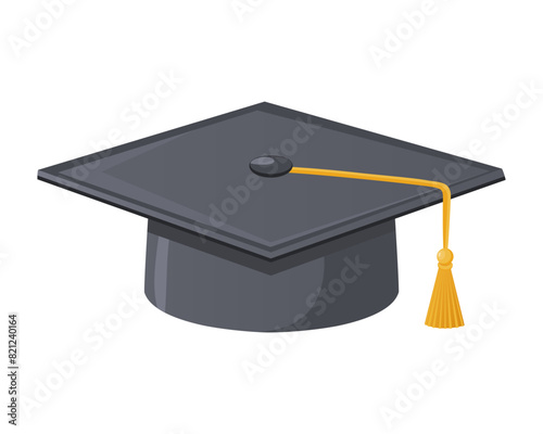 Gray graduation cap with yellow tassel. A traditional cap worn during the graduation ceremony.