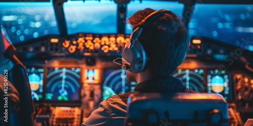 A focused pilot wearing headphones managing the aircraft controls within a brightly lit cockpit during night-time flight