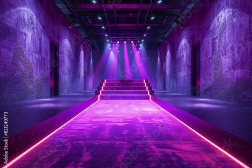 A long, narrow hallway with purple walls and pink carpet. Fashion show catwalk or podium stage