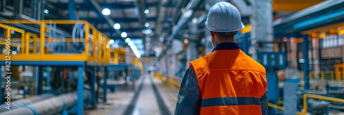 A man in a safety helmet and reflective vest walks down an aisle in an expansive, modern industrial factory setting
