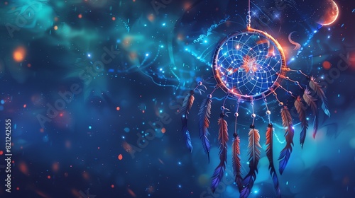 A dream catcher illustration that includes elements of the night sky, such as stars and the moon, enhancing the dreamy and mystical aura of the design.