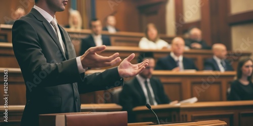 A lawyer is presenting a case in front of blurred figures in a courtroom setting; professionalism and law