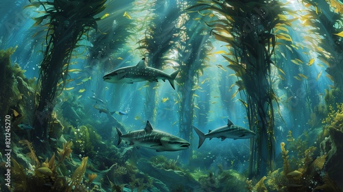 A kelp forest with its towering underwater canopies, providing habitat for a diverse array of marine life, from invertebrates to large fish species.