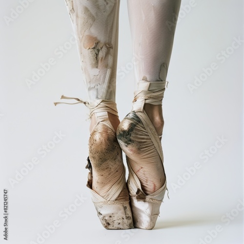 Close-up of ballerina's bare feet in worn-out ballet shoes showcasing dedication and hard work