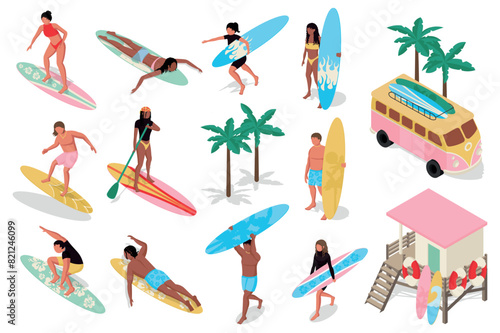 Summer surfing 3d isometric mega set. Collection flat isometry elements of people go on tropical ocean resort or car travel, swimming on surfboards, lifeguard building at beach. Vector illustration.